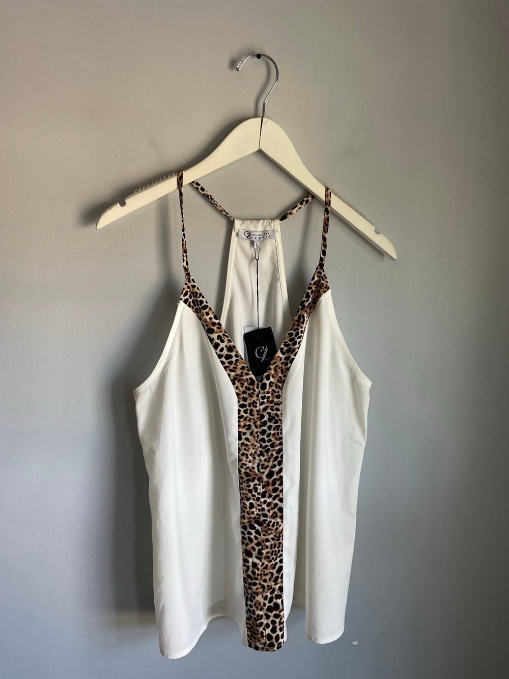 Cezele Collection Flowy Tank Top Womens Large Beige Leopard Print Sleeveless